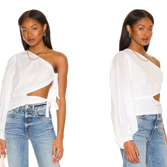 Free People Tops - Jen's Pirate Booty Graffiti Bridge One-Shoulder Balloon Sleeve Top Large White